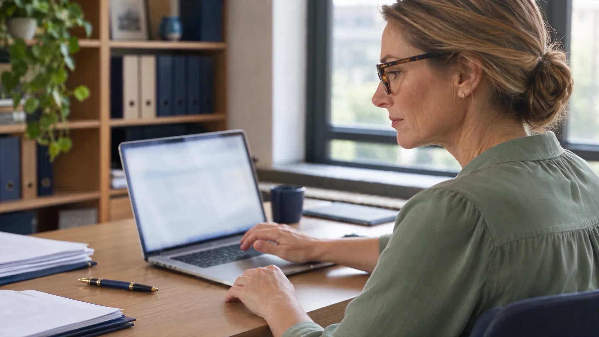 Au bureau, une employée suit les demandes des clients sur son ordinateur portable.