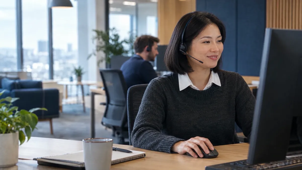 Une conseillère au casque répond à un client depuis un bureau lumineux.