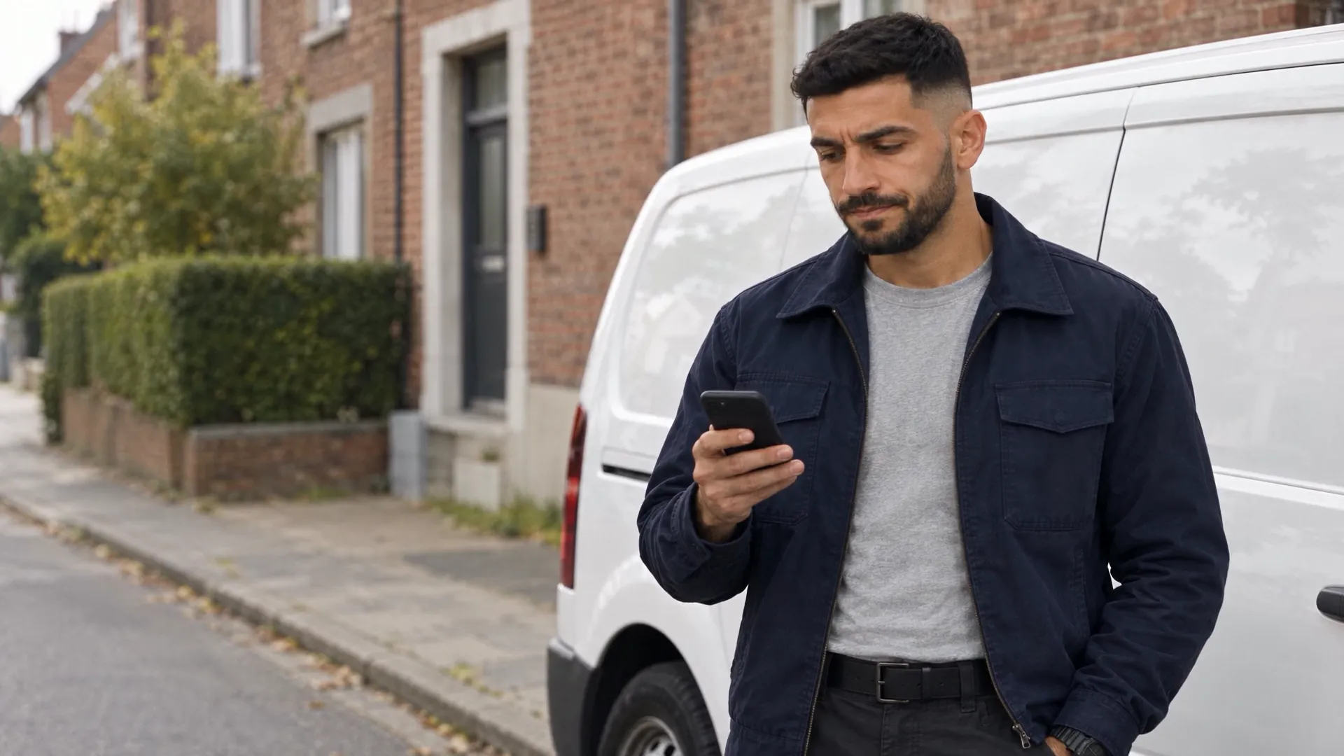Un technicien consulte son téléphone devant sa camionnette, dans une rue résidentielle.