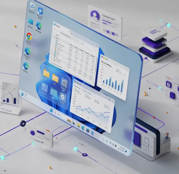 Illustration d’un bureau Windows dans Neoo Desktop, avec explorateur de fichiers et tableaux de bord.